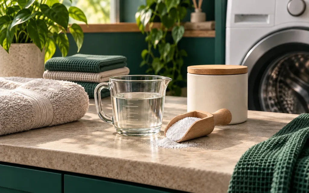 Kimért folyékony és por állagú mosószer egy rendezett mosókonyhai pulton
